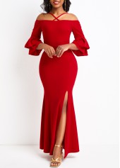 Criss Cross Split Red Bodycon Maxi Dress