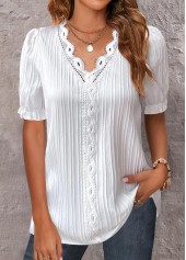 Lace White Short Sleeve V Neck Blouse
