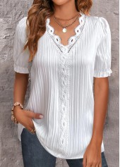 Lace White Short Sleeve V Neck Blouse