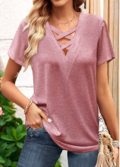 Dusty Pink Criss Cross V Neck T Shirt