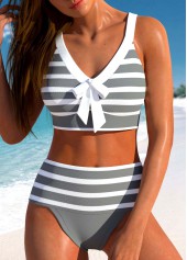 High Waisted Striped Patchwork Grey Bikini Set