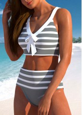 High Waisted Striped Patchwork Grey Bikini Set