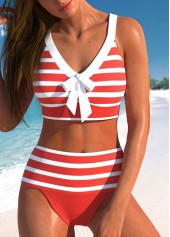 High Waisted Striped Patchwork Coral Bikini Set