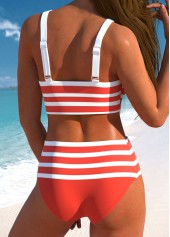 High Waisted Striped Patchwork Coral Bikini Set