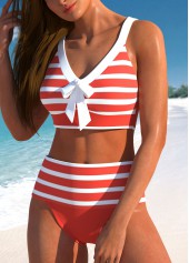 High Waisted Striped Patchwork Coral Bikini Set