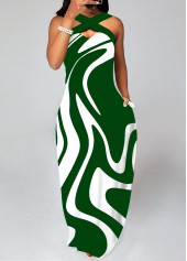 Geometric Print Criss Cross Green Maxi Dress