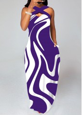 Geometric Print Criss Cross Purple Maxi Dress