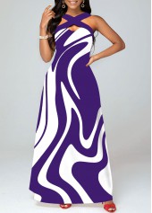 Geometric Print Criss Cross Purple Maxi Dress