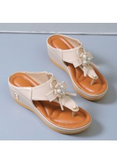 Beige Mid Heel Pearl Design Flip Flops