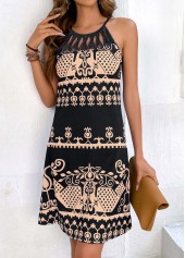 Tribal Print Cage Neck Black Dress