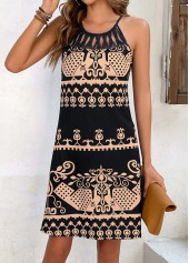 Tribal Print Cage Neck Black Dress