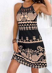Tribal Print Cage Neck Black Dress