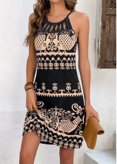 Tribal Print Cage Neck Black Dress