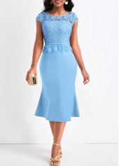 Light Blue Round Neck Lace Bodycon Dress