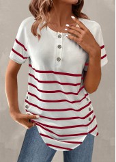 Striped Button Wine Red Round Neck T Shirt