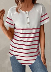 Striped Button Wine Red Round Neck T Shirt