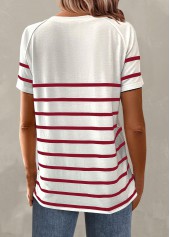 Striped Button Wine Red Round Neck T Shirt