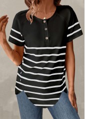 Striped Button Black Round Neck T Shirt
