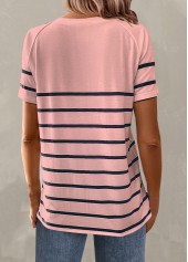 Striped Button Light Pink Round Neck T Shirt