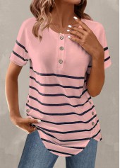 Striped Button Light Pink Round Neck T Shirt