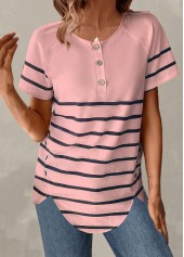 Striped Button Light Pink Round Neck T Shirt