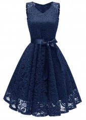 Lace Bowknot Navy V Neck Sleeveless Dress