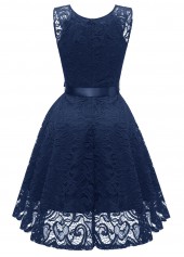 Lace Bowknot Navy V Neck Sleeveless Dress