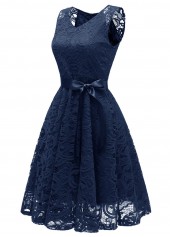 Lace Bowknot Navy V Neck Sleeveless Dress