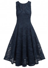 Lace Navy V Neck Sleeveless Dress