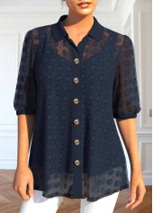 Button Navy Half Sleeve Shirt Collar Blouse