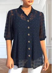 Button Navy Half Sleeve Shirt Collar Blouse
