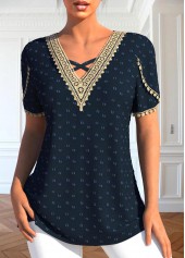 Embroidery Patchwork Navy V Neck T Shirt
