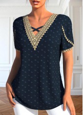 Embroidery Patchwork Navy V Neck T Shirt
