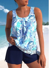 High Waisted Floral Print Bowknot Blue Tankini Set