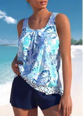 High Waisted Floral Print Bowknot Blue Tankini Set