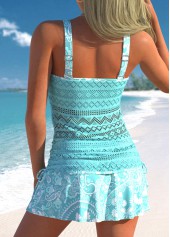 Lace Mid Waisted Paisley Print Drawstring Cyan Tankini Set
