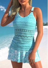 Lace Mid Waisted Paisley Print Drawstring Cyan Tankini Set