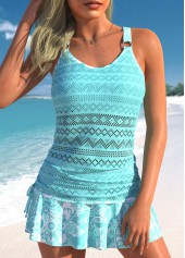 Lace Mid Waisted Paisley Print Drawstring Cyan Tankini Set