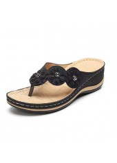 Floral Design Black Toe Post Low Heel Flip Flops