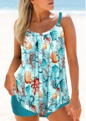 Mid Waisted Plants Print Asymmetry Green Tankini Set