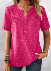 Button Hot Pink Short Sleeve Split Neck Blouse