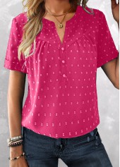 Button Hot Pink Short Sleeve Split Neck Blouse