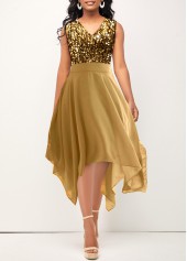 Golden V Neck Sleeveless Sequin Dress