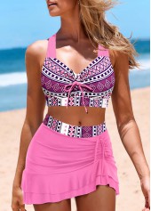 Mid Waisted Geometric Print Drawstring Pink Bikini Set