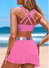 Mid Waisted Geometric Print Drawstring Pink Bikini Set