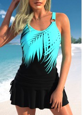 Tropical Plants Print Drawstring Black Tankini Top-No Bottom