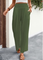 Green Elastic Waist High Waisted Smocked Pants