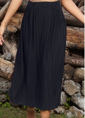 Pleated Black A Line Elastic Waist Skirt