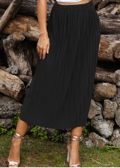 Pleated Black A Line Elastic Waist Skirt