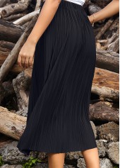 Pleated Black A Line Elastic Waist Skirt